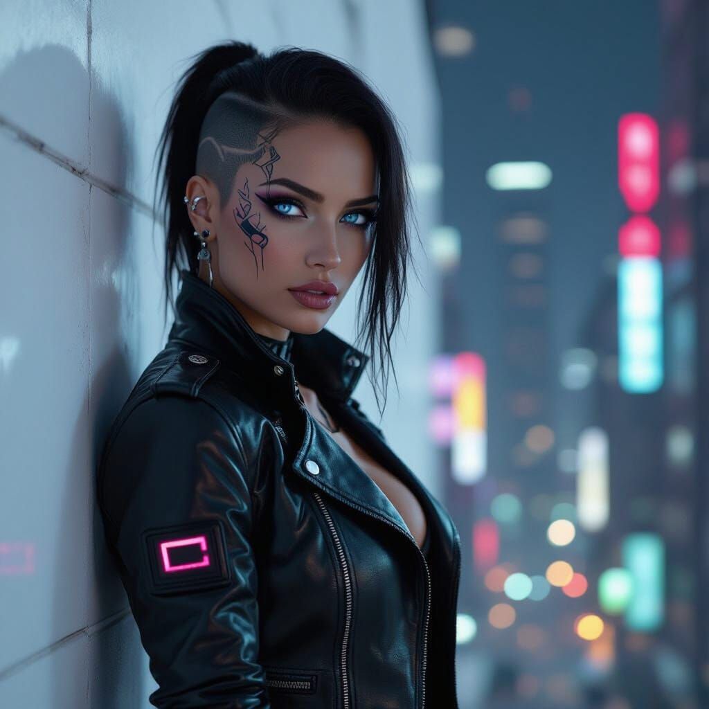 Cyberpunk Woman in Neon Cityscape with Prosthetic Arm