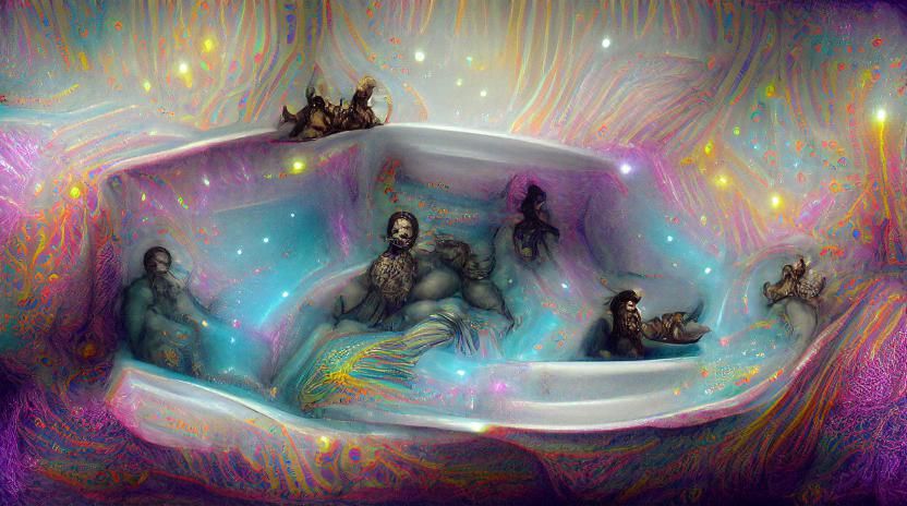 Hairy Men in Bathtub: Astral Cosmic Illustration