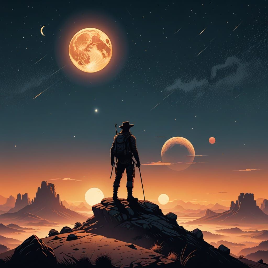Brave Explorer on Distant Moon with Twin Suns