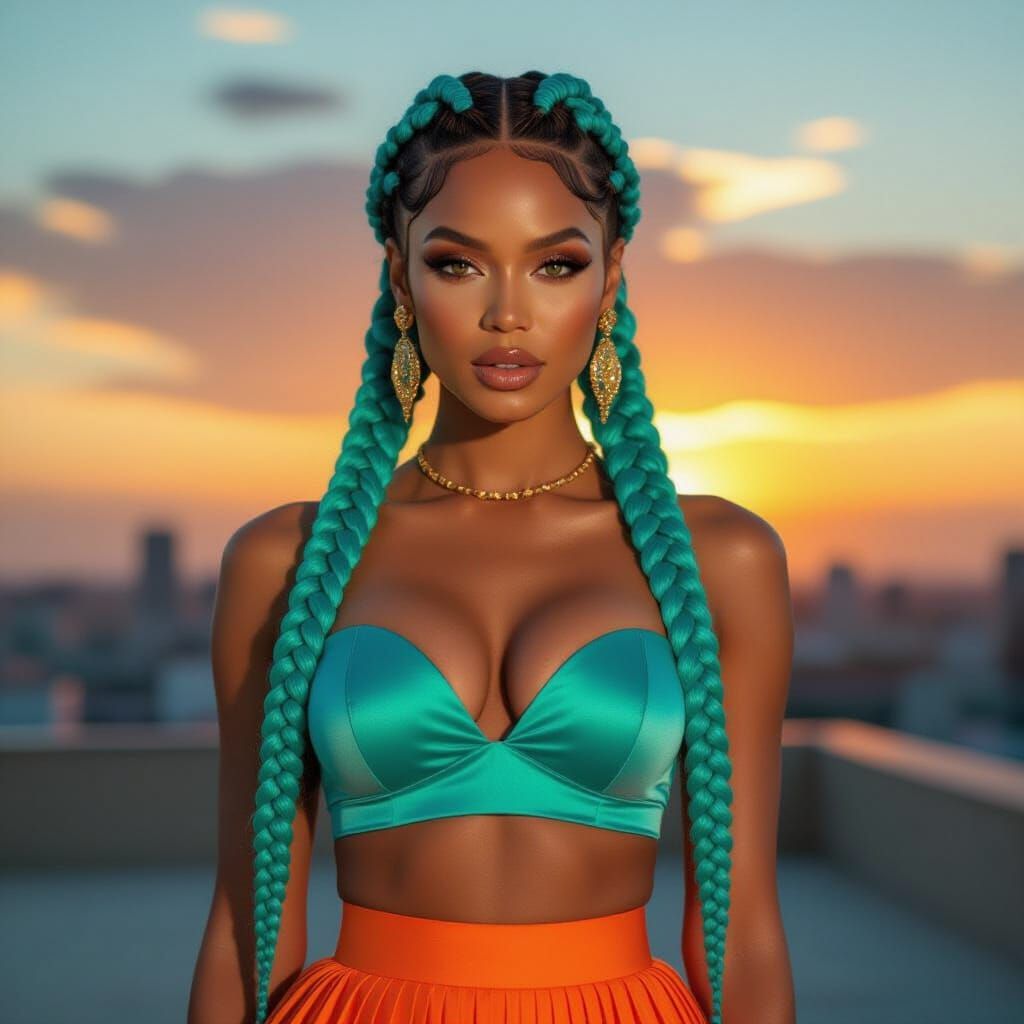 Golden-Toned Black Woman in Ombre Braids & Silk Top