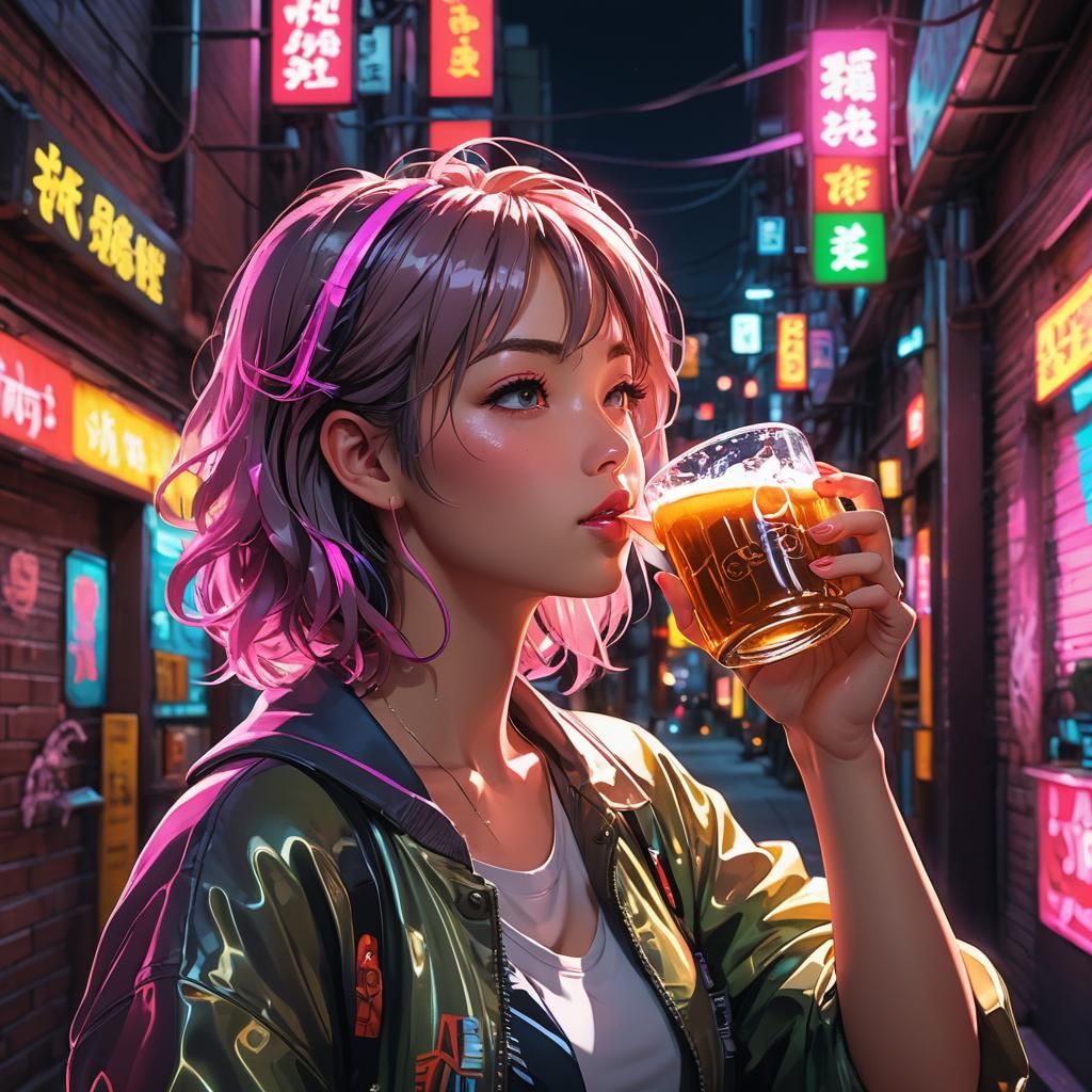 Anime Girl Drinking Beer in Neon Alleyway