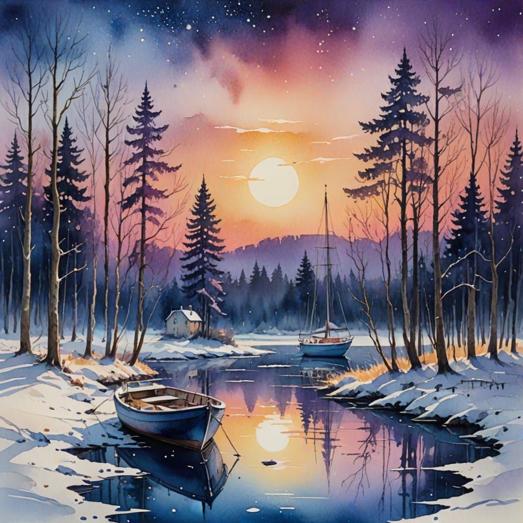 Watercolor Yacht in Starry Sunset Winter Forest