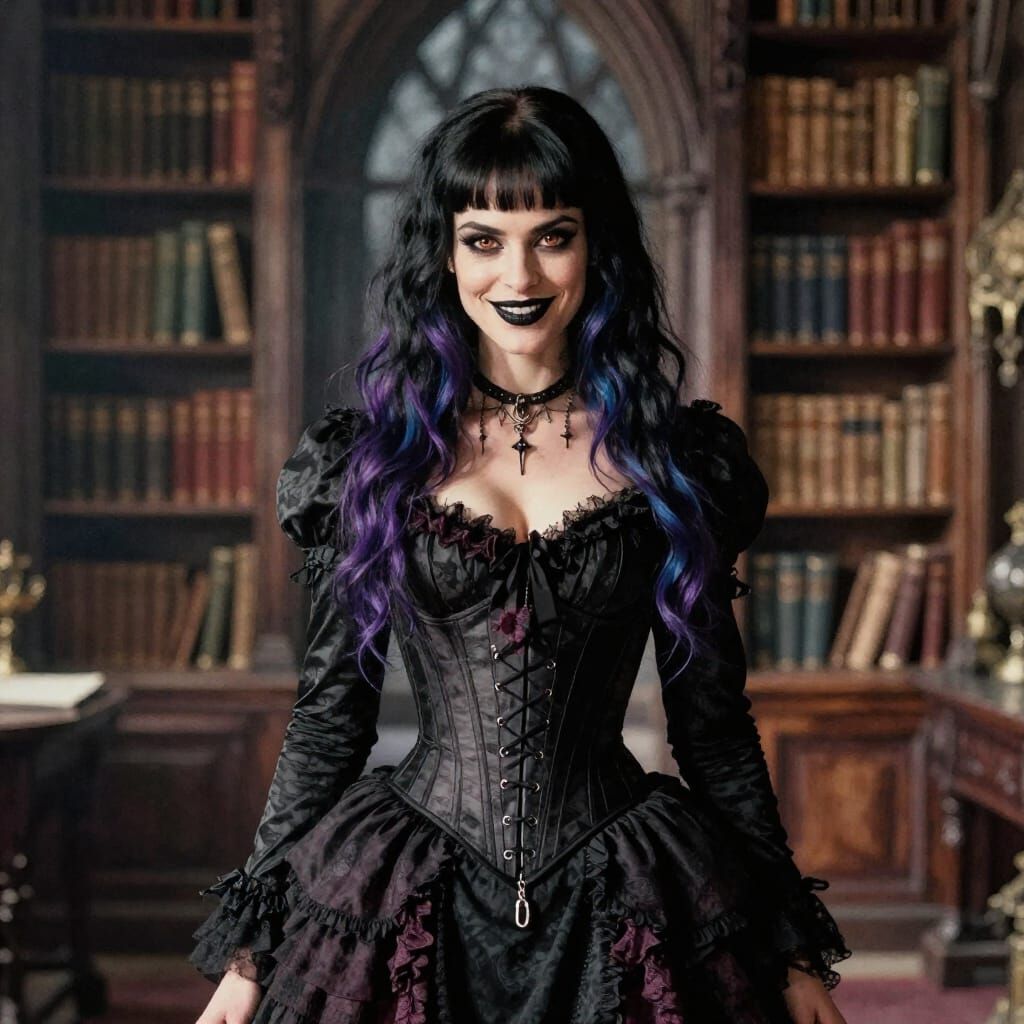 Gothic Romantic Woman in Library Watercolor Style