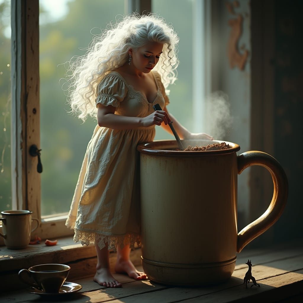 Miniature Woman Stirring Giant Coffee, Digital Matte Paintin...
