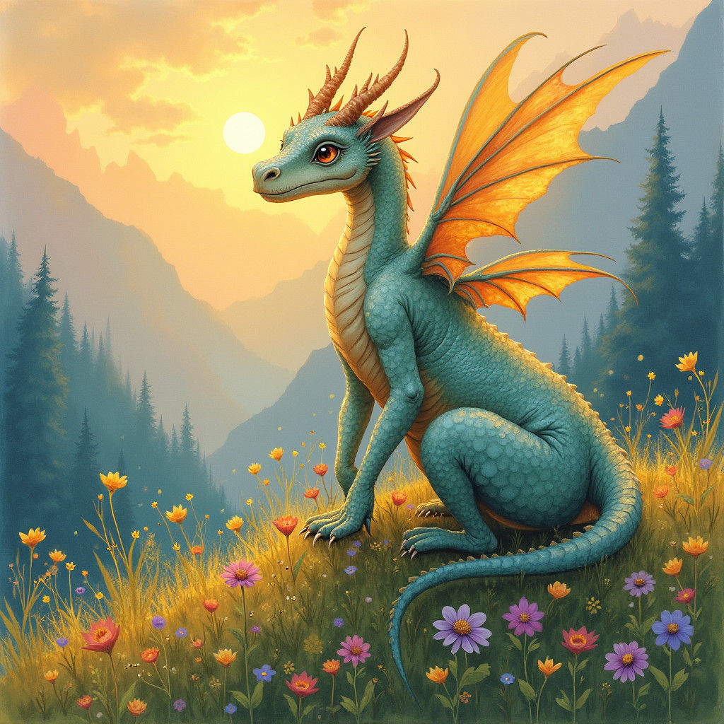 Dragon in Meadow Wishes Happy Birthday as Watercolor Art