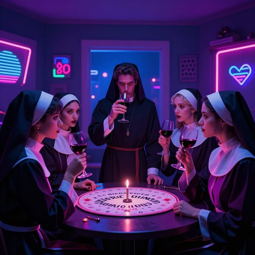 Priest and Nuns Play Ouija Board in Synthwave Style