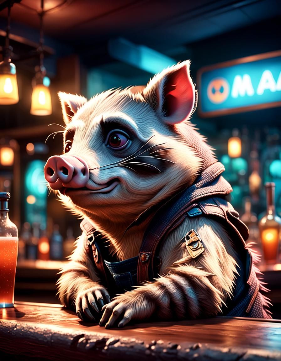 Anthropomorphic pig raccoon hybrid sitting at a bar