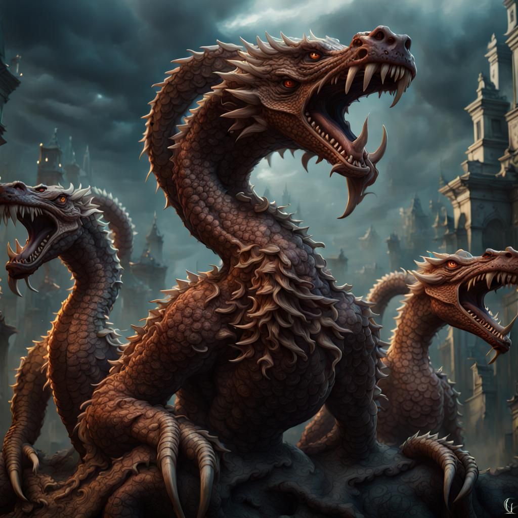 Four-Headed Hydra Roaring in Defiance of Knight