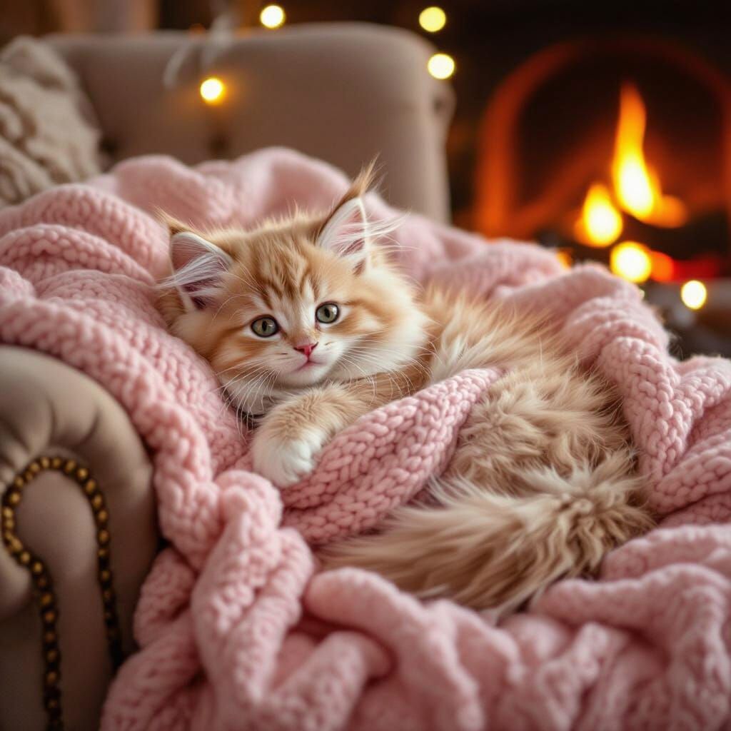 Pink Kitten's Cozy Fireside Nap: Storybook Illustration