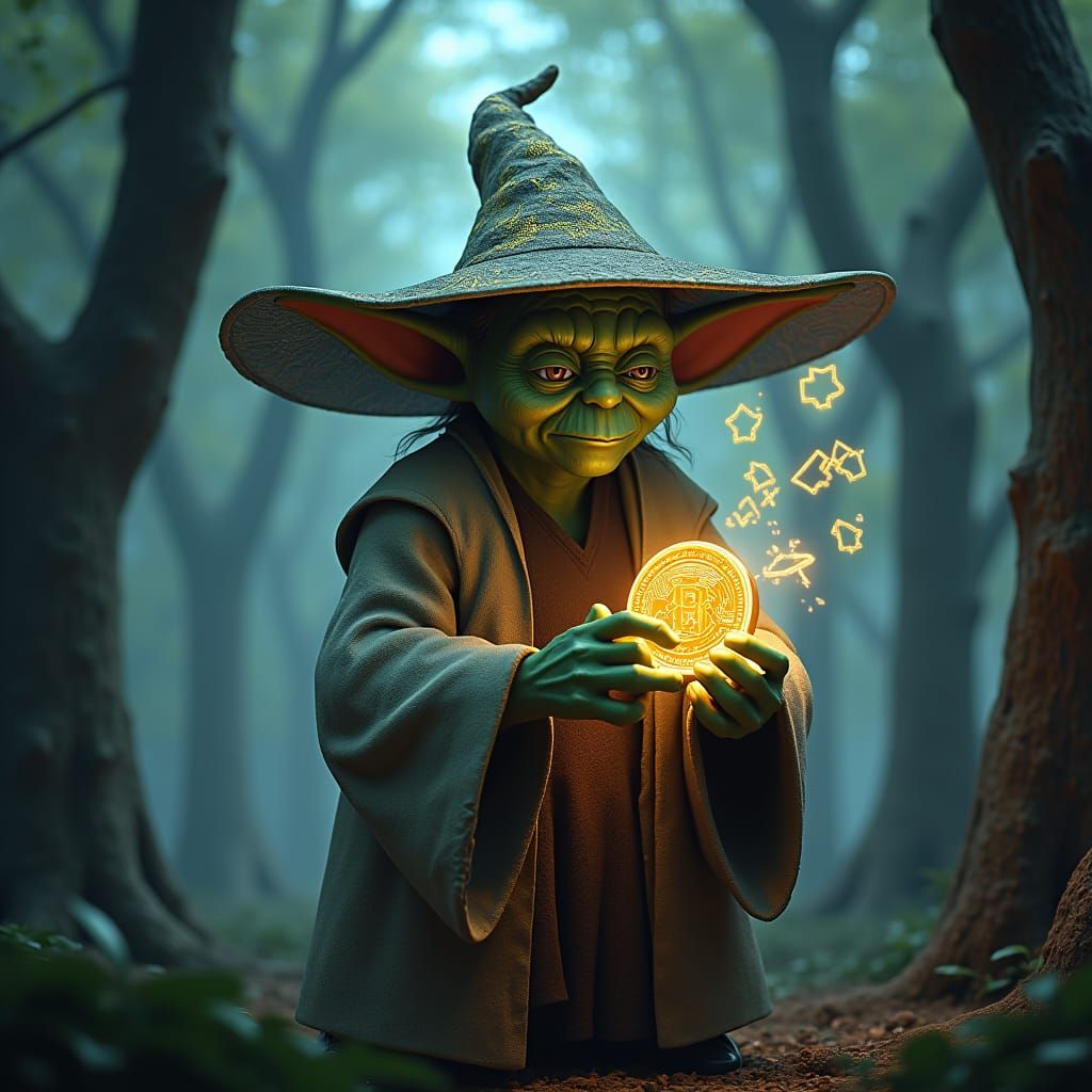 Yoda's Crypto Wisdom: Solana Coin in a Cyberpunk Forest