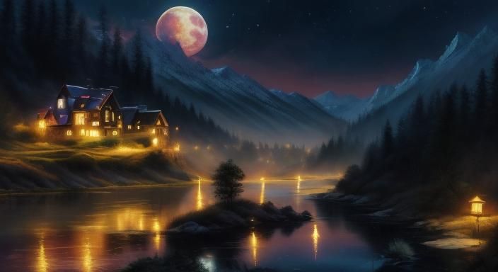 Picturesque Village at Night with Pink Moon