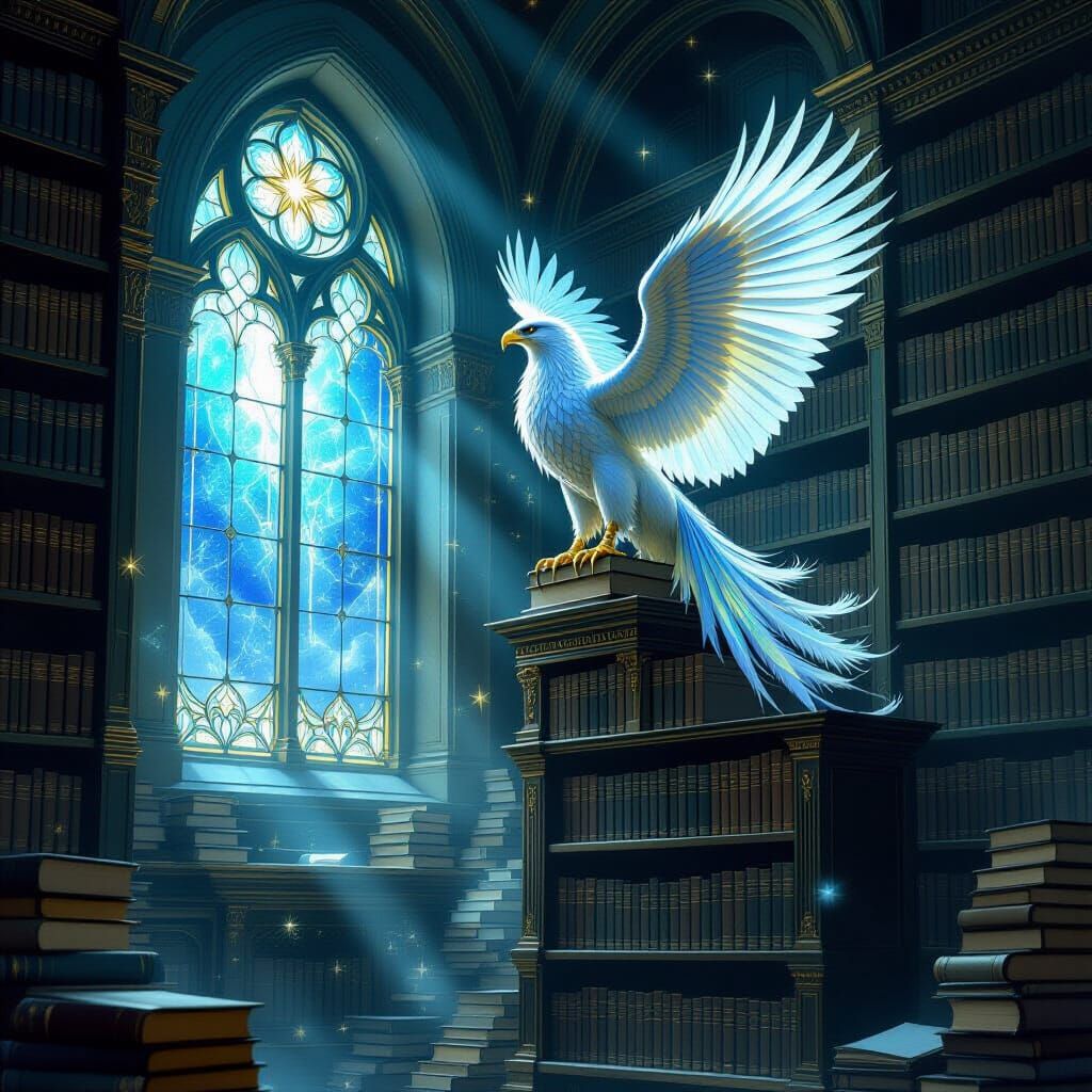 Griffin on Ancient Bookshelf in Ethereal Light