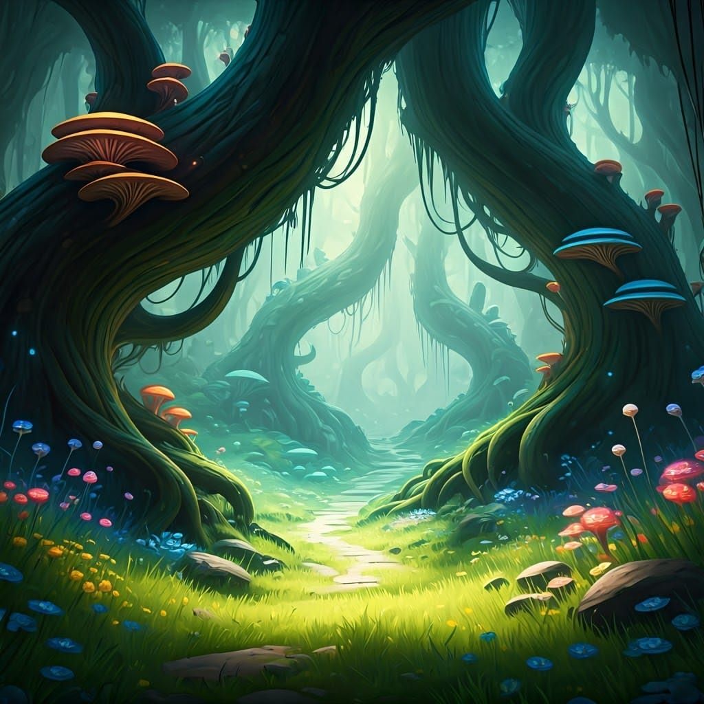 Lush Green Meadow with Glowing Mushrooms, Matte Painting
