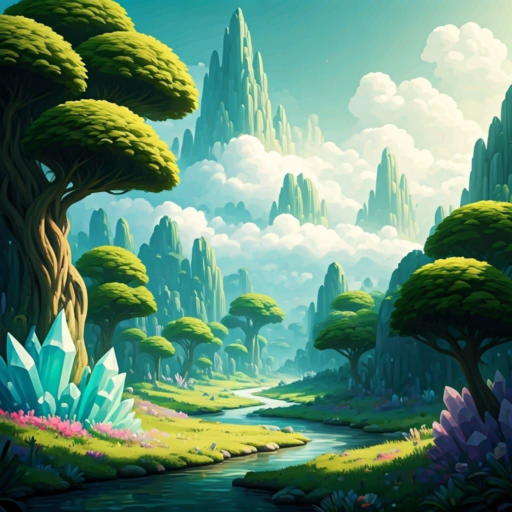 Whimsical Green Landscape with Crystal Spires