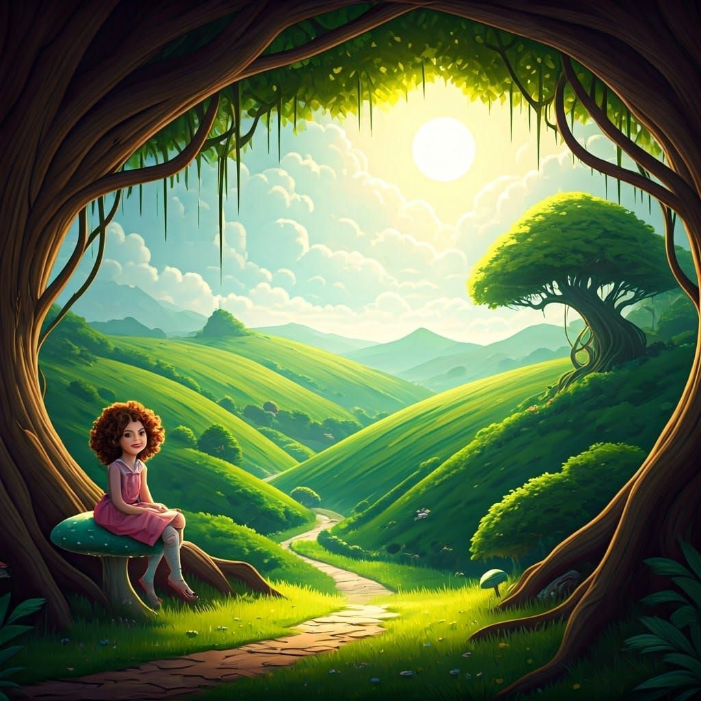 Lush Green Fantasy Landscape with Girl on Toadstool