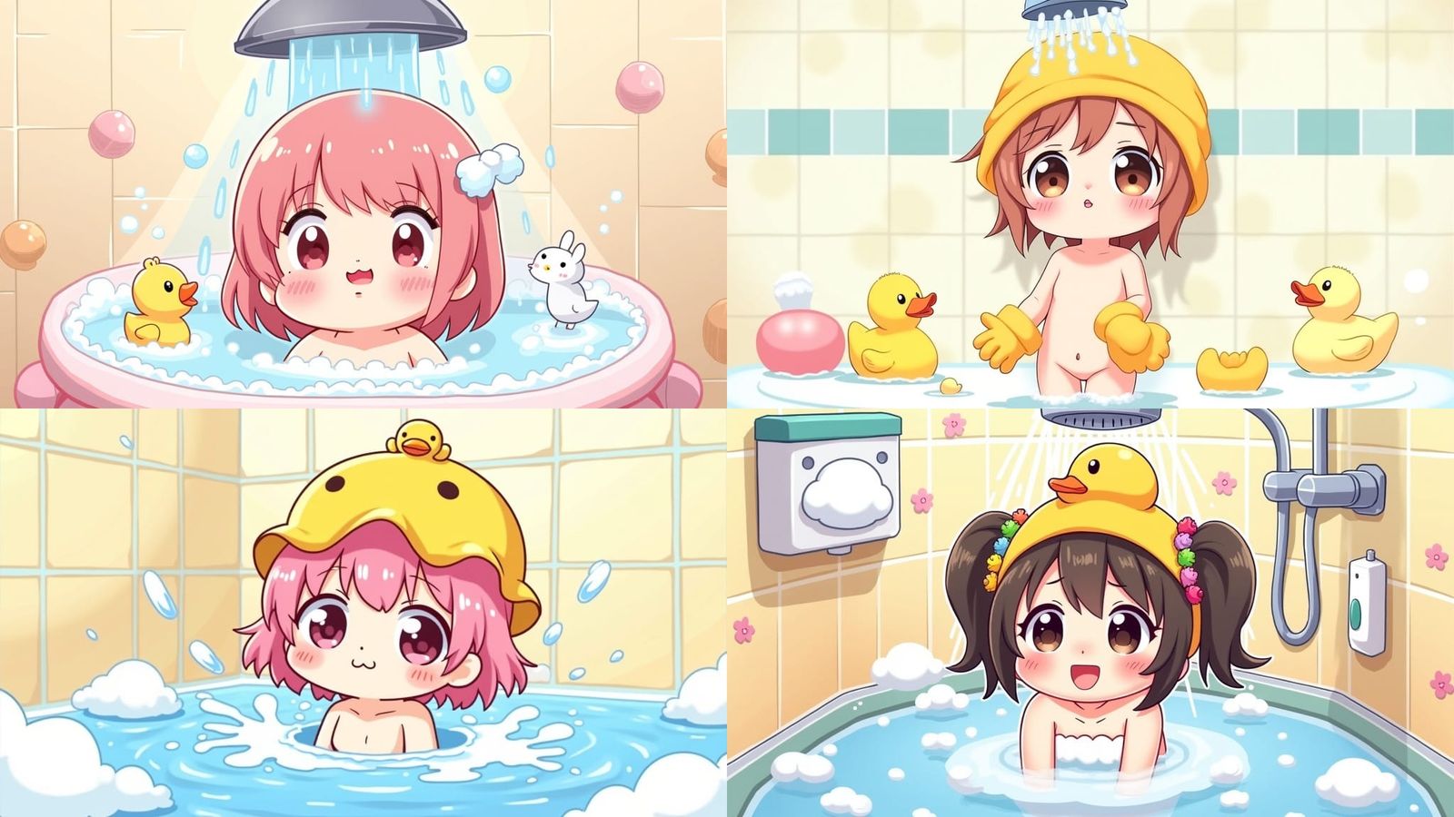 Funny Kawaii Shower Scene in Chibi Anime Style