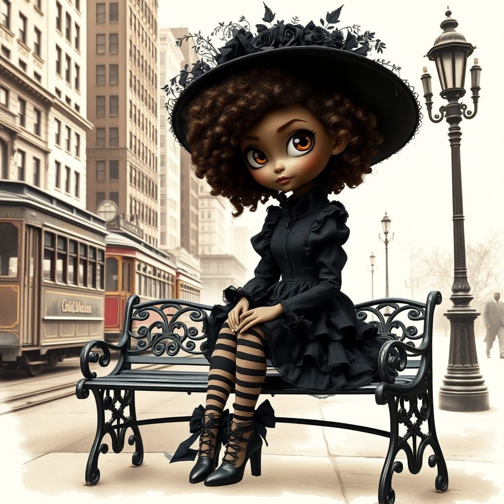 African American Woman in Victorian Attire on Park Bench