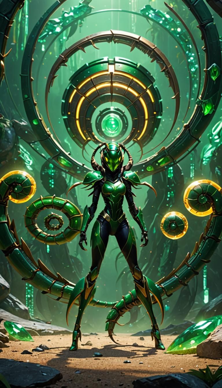 Scorpion Girl in Sci-Fi Cityscape, Cinematic Art