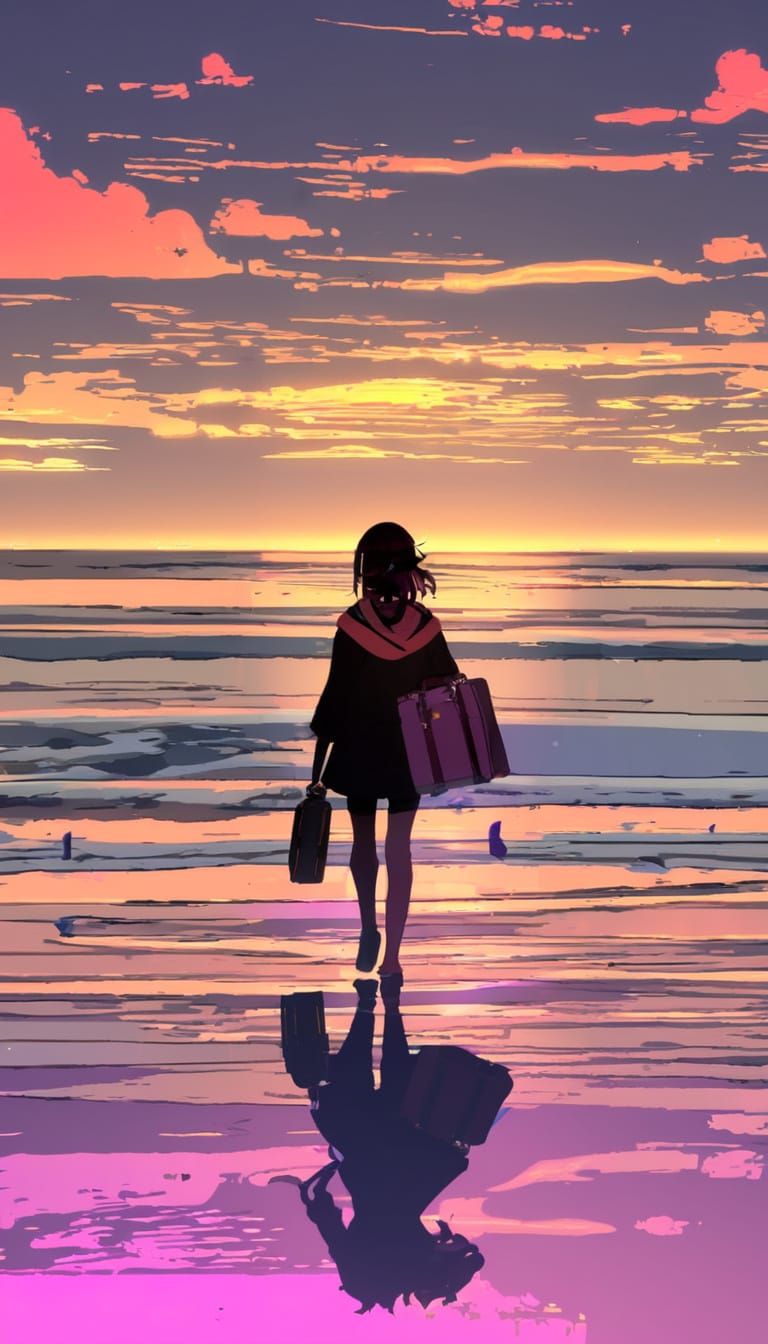 Sunset Beach Silhouette in Vibrant Anime Style