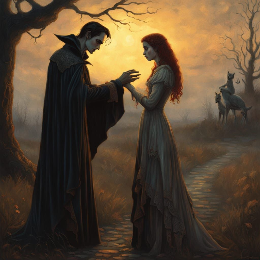 Vampire Aids Lost Maiden in Ethereal Oil Painting