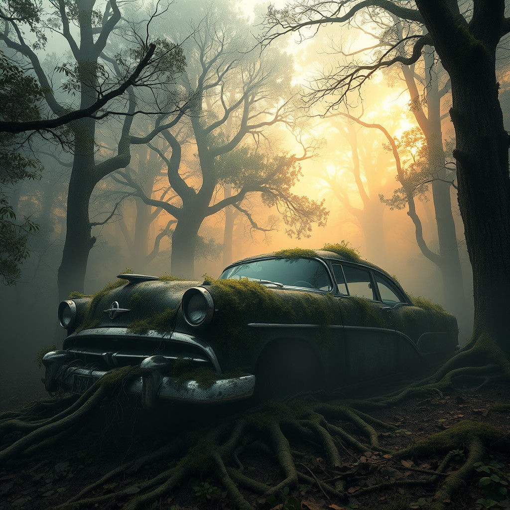 Abandoned Car in Mystical Forest, Hyperrealistic Matte Paint...