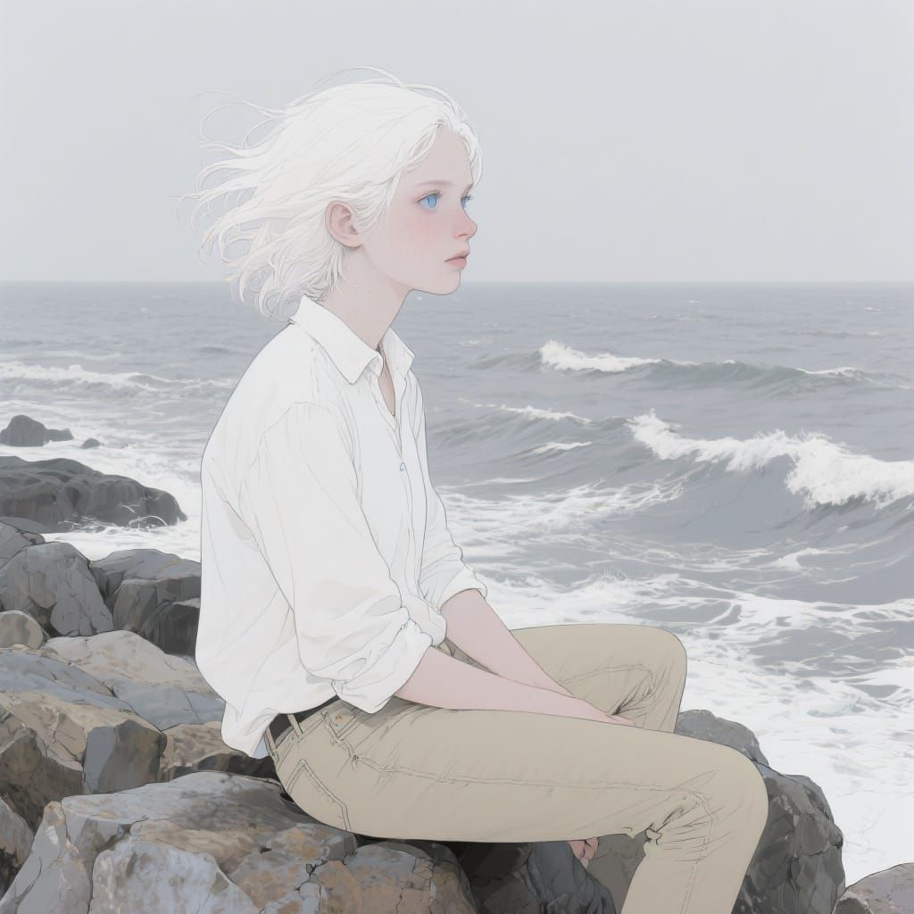Albino Woman Gazing at Sea, Delicate Linework and Pastel Col...