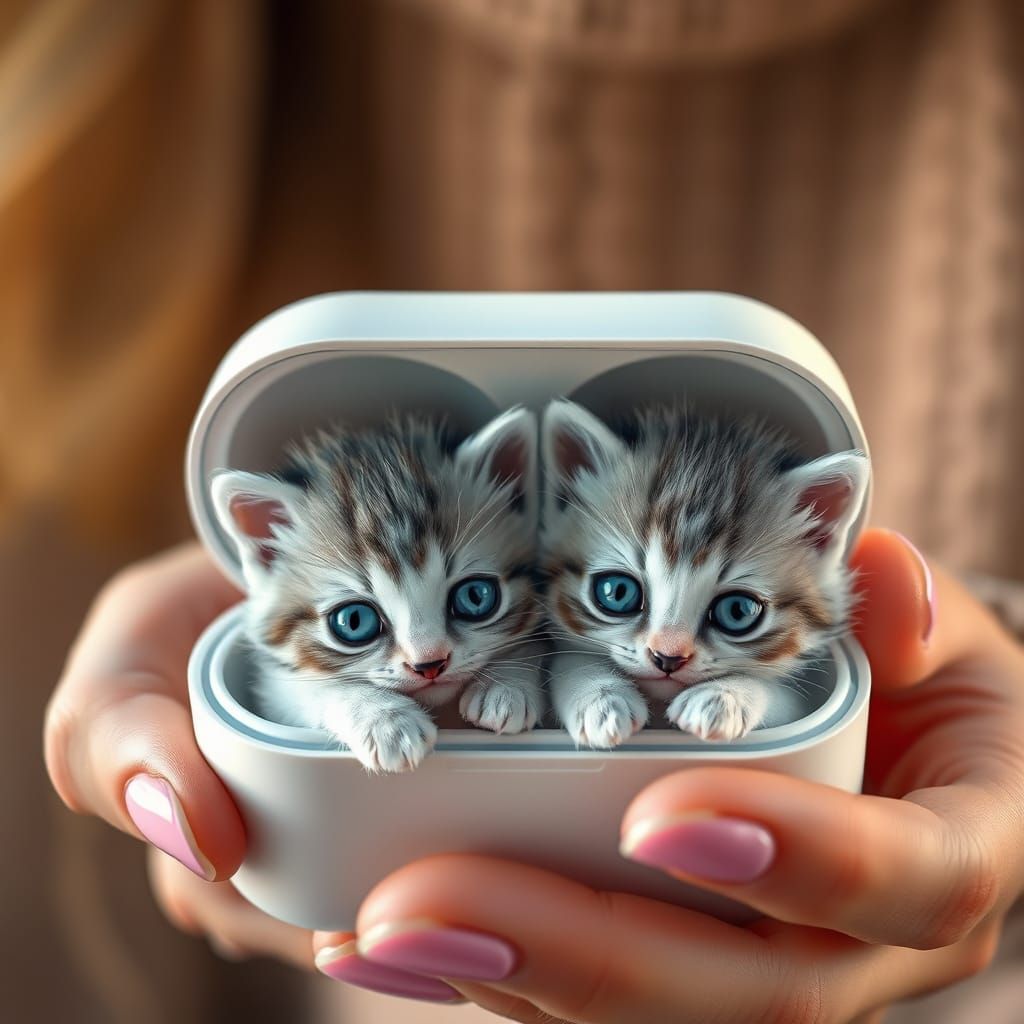 Kittens in AirPods Case: Hyperrealistic Digital Painting