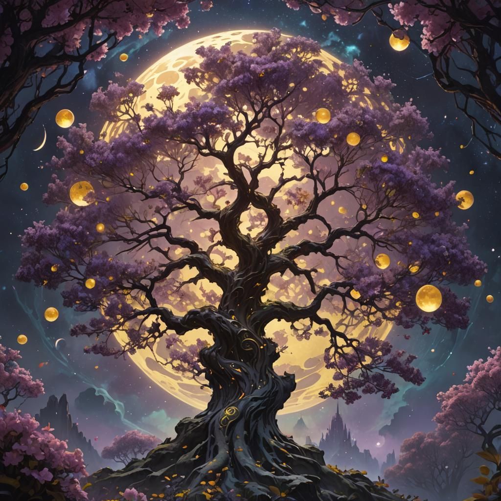 Ethereal Blossom Tree with Moons: Dark Fantasy Art