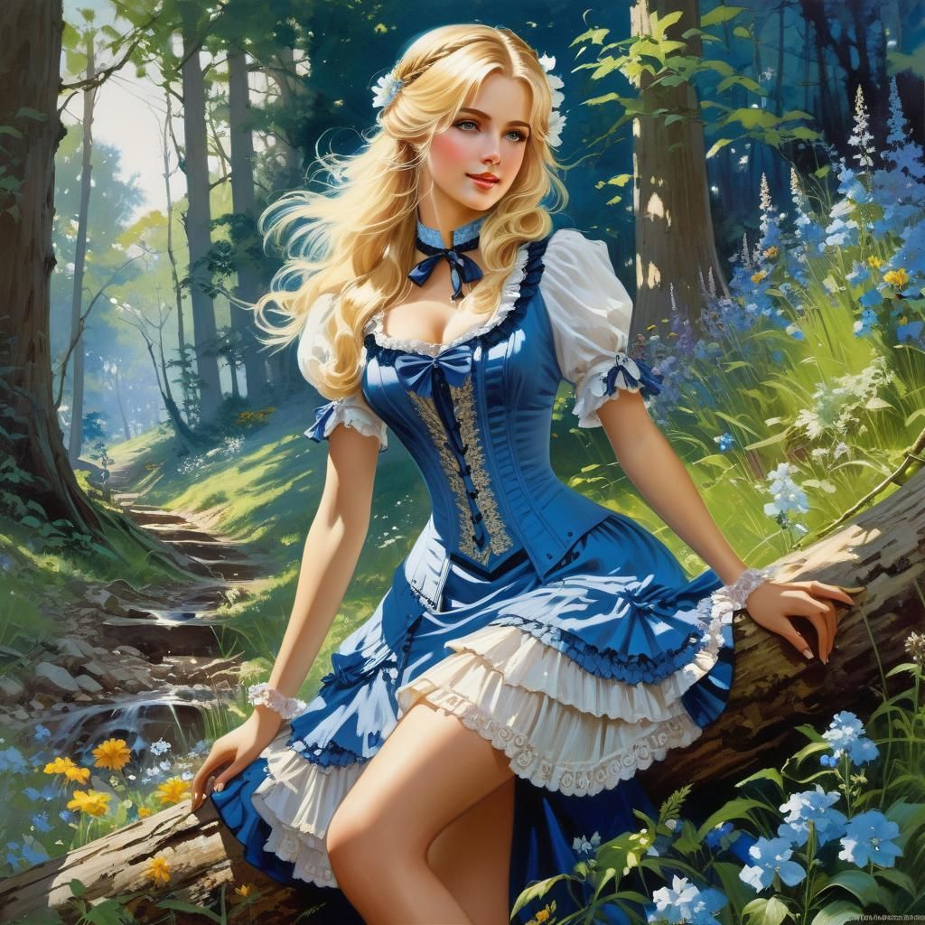 Victorian Girl with Flowers in Forest, Splash Art