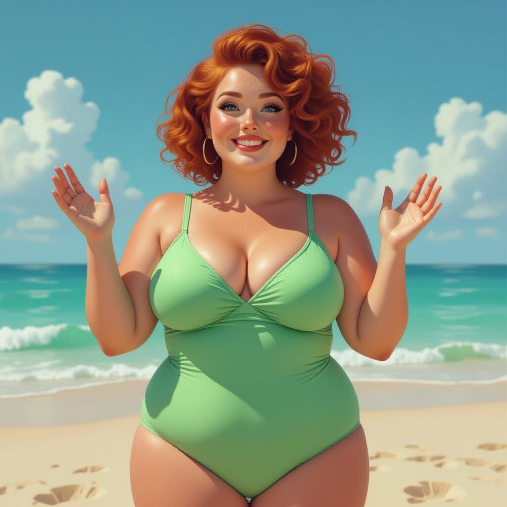 Curvy Woman on Beach in Hyperrealistic Style