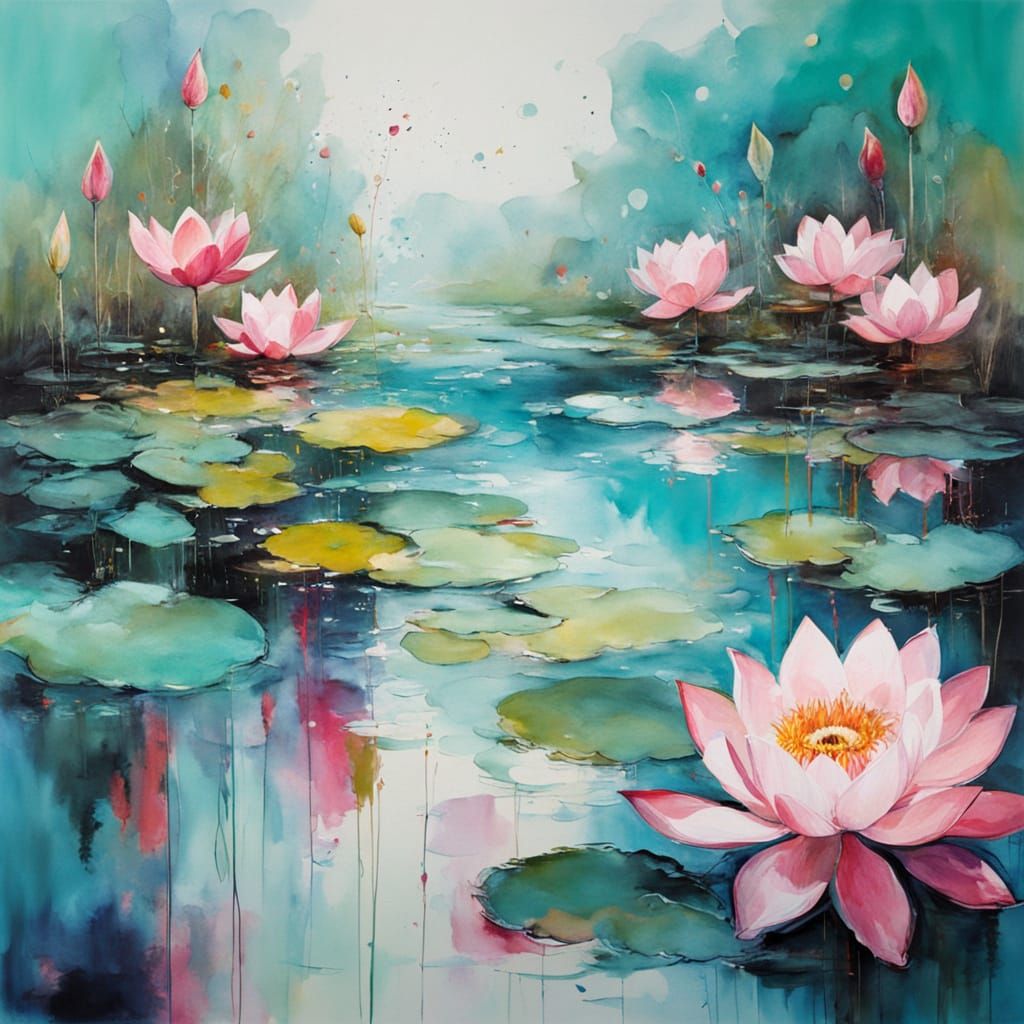 serene light turquoise lake with blooming big pink lotus
