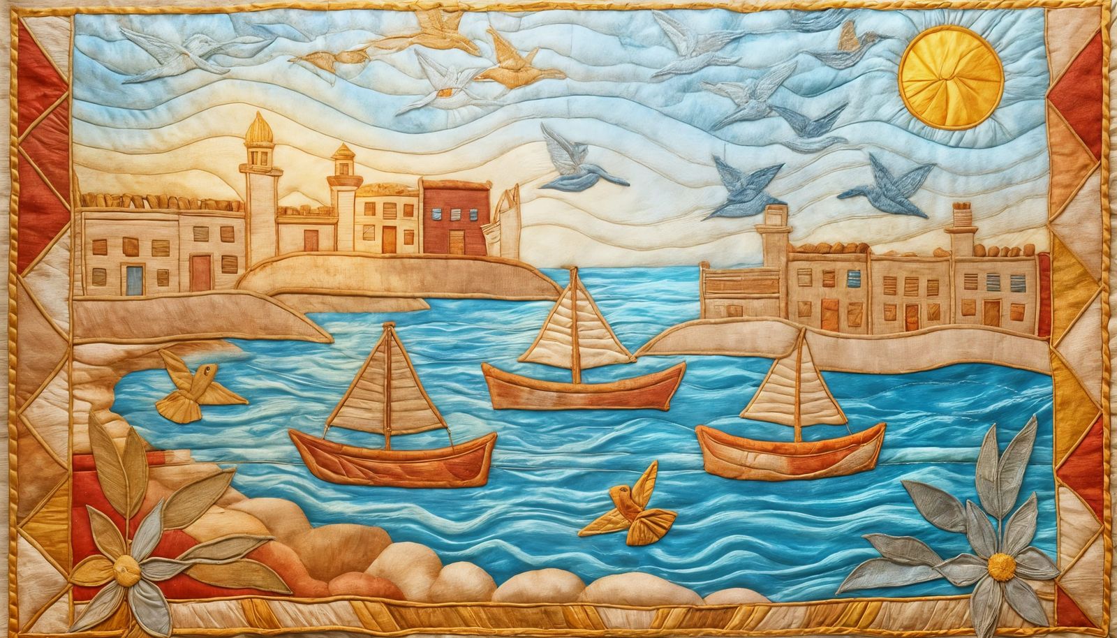 Palestinian Harbor in Akka Quilted Patchwork Art