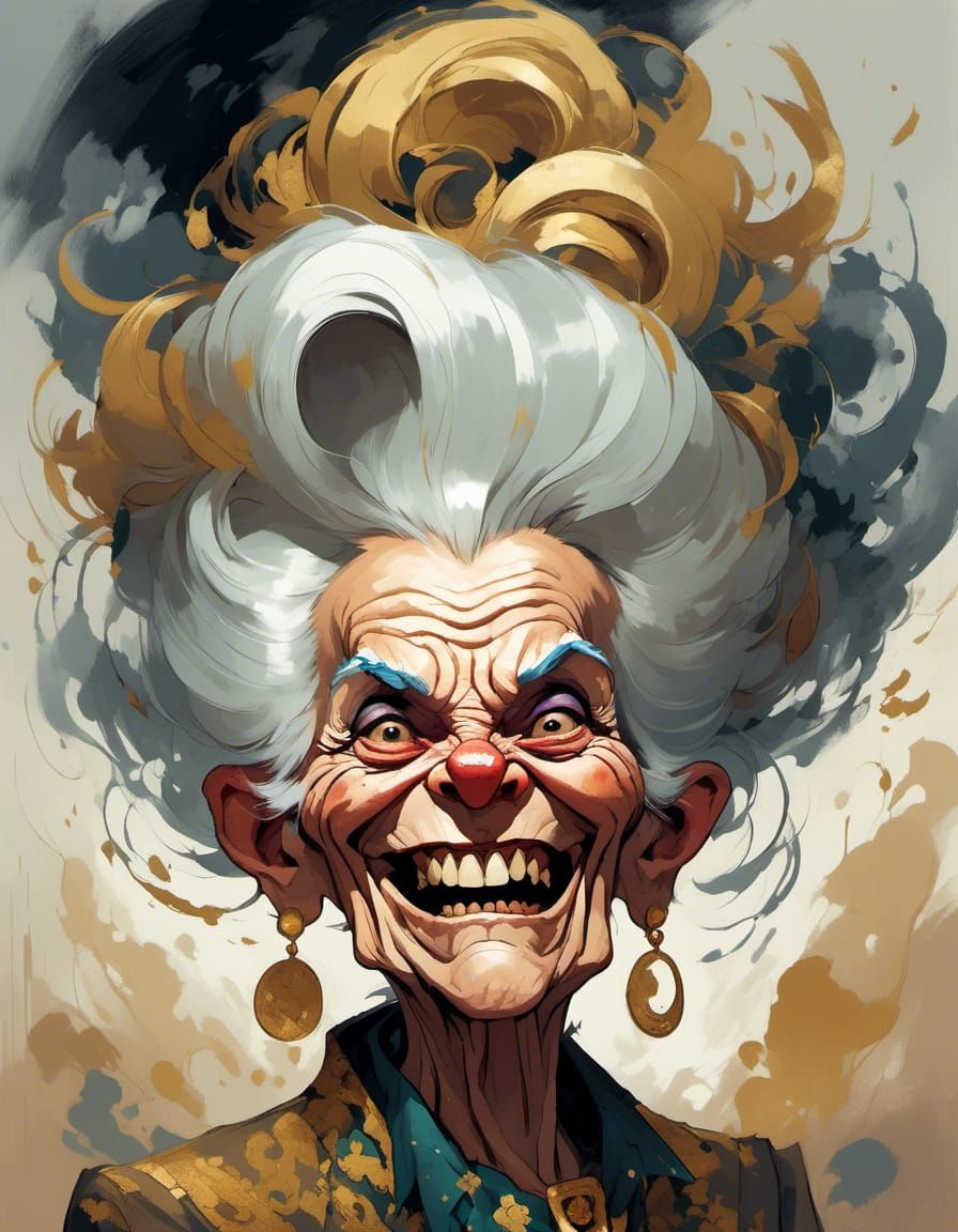 Comic Portrait of Elderly Woman in Decadent Lounge