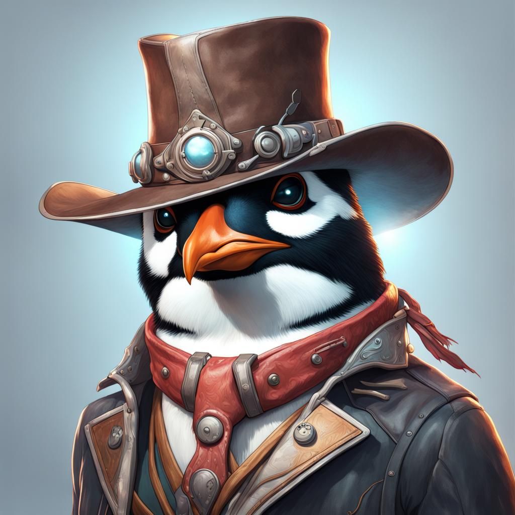 Cyborg Penguin Cowboy: Hyperdetailed Digital Portrait