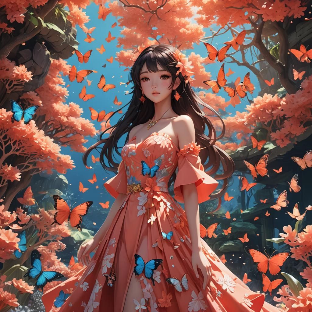 Anime Girl in Coral Gown, Tropical Paradise
