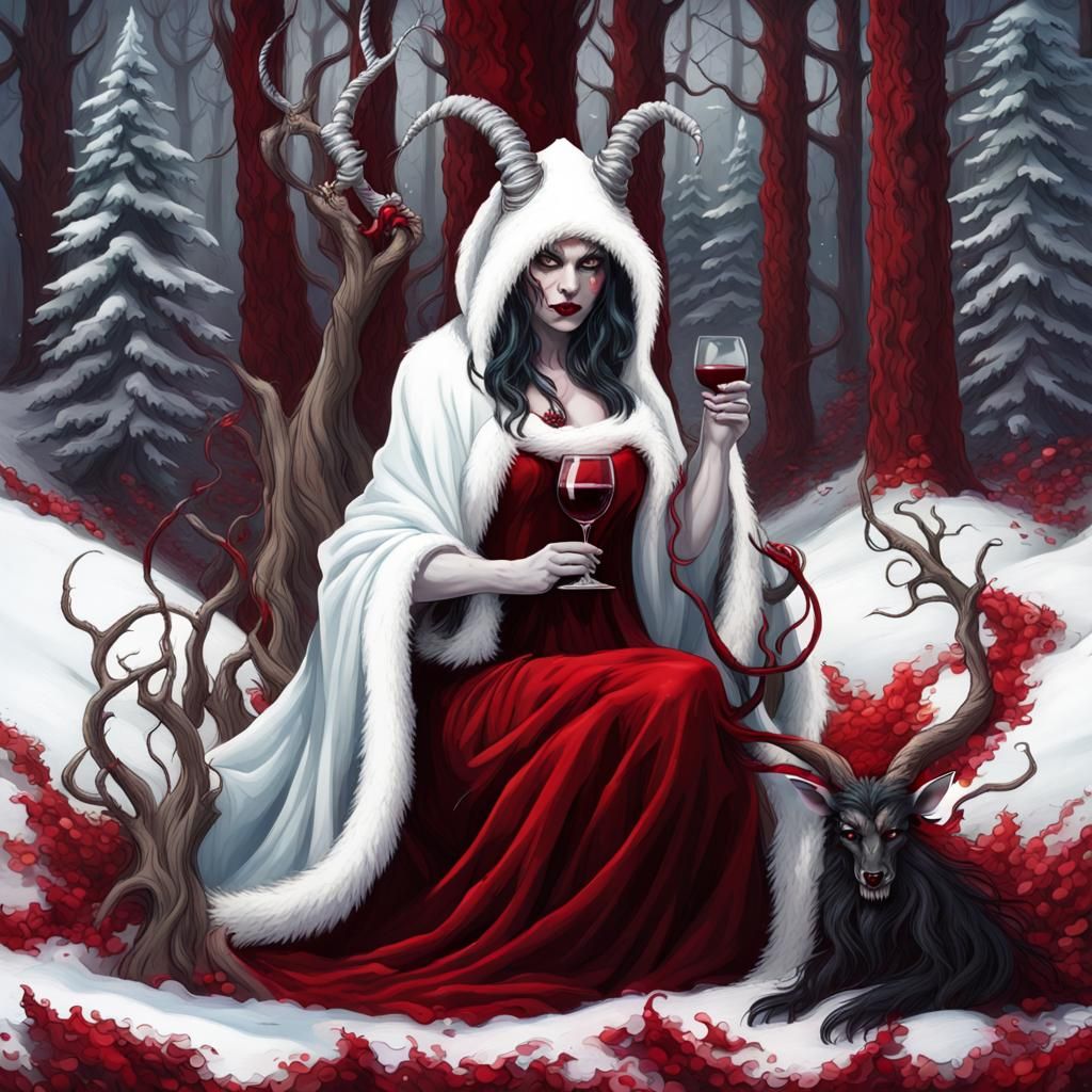 Voluptuous Krampus with Wine in Winter Landscape