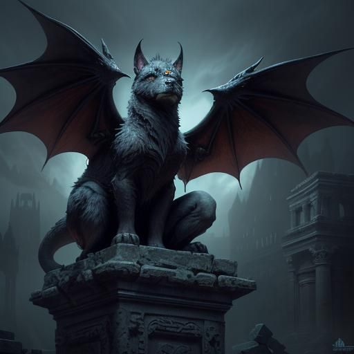 Dragon-Winged Puppy in Dark Fantasy Ruins