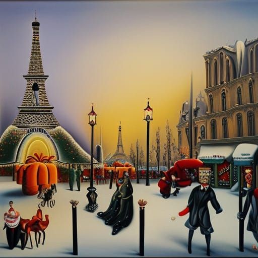 Surreal Christmas in Paris as Oil Painting
