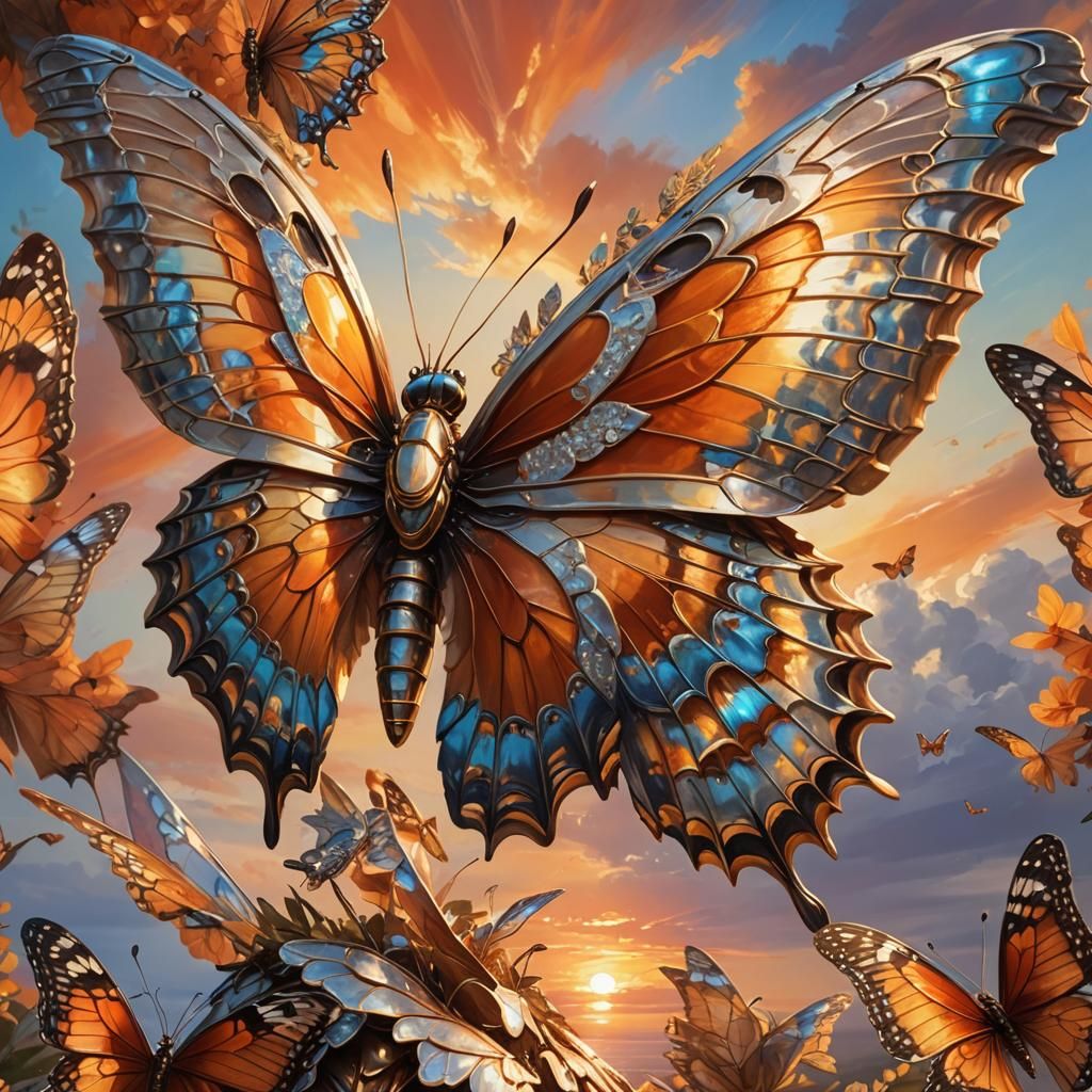 Armored Butterfly Sunset: Dreamlike Fantasy Art