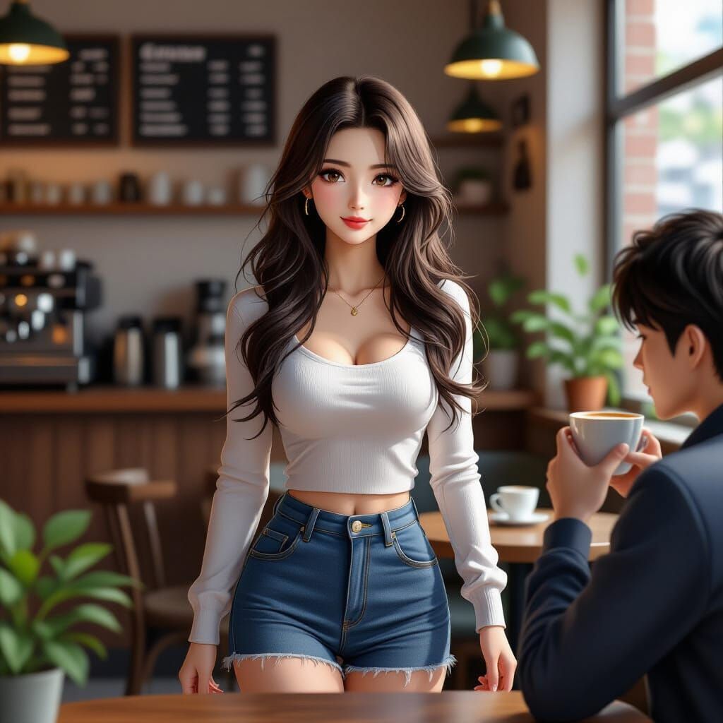 Anime Woman in Coffee Shop, 3D Render