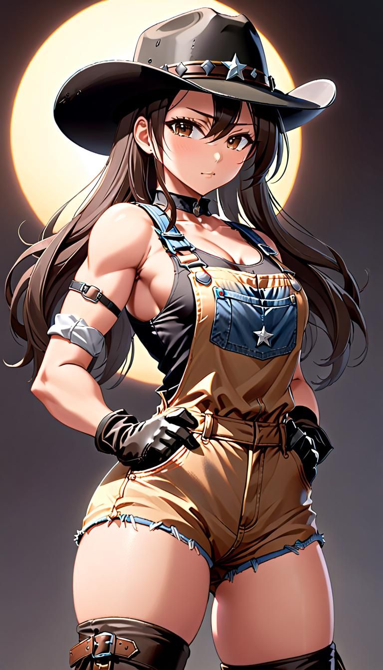 Anime Cowgirl with Overalls and Cowboy Hat