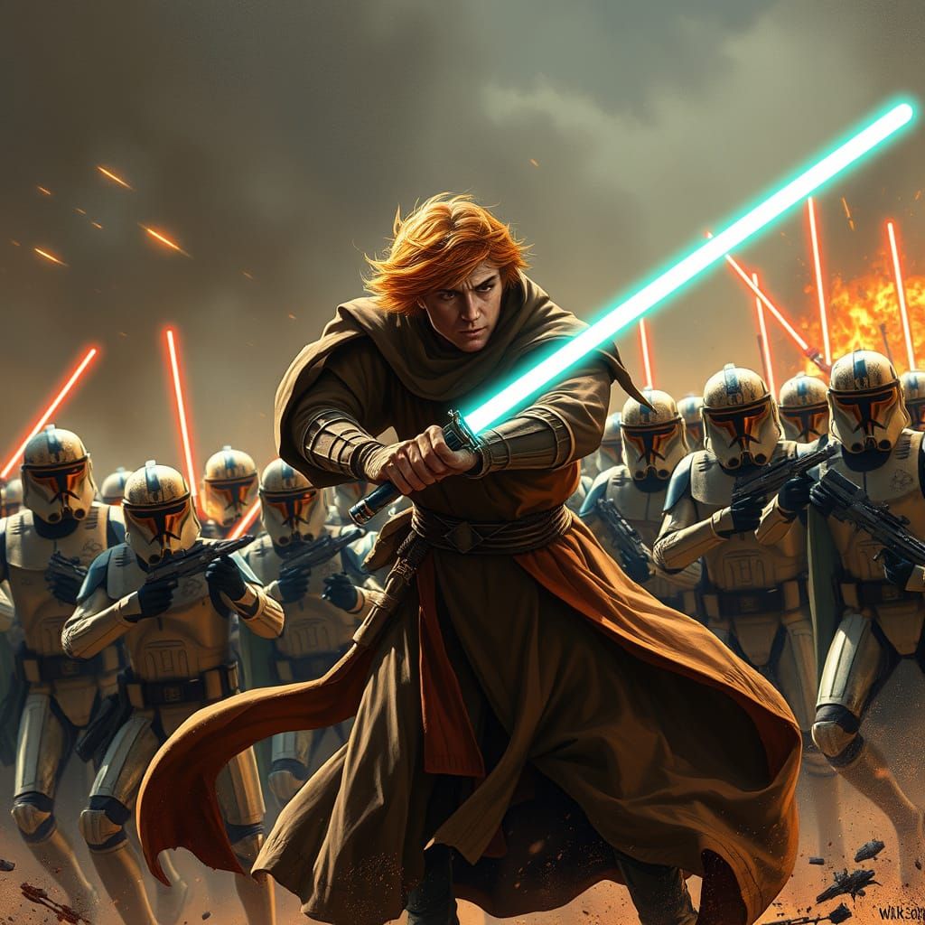 Jedi Knight Defends Against Clone Troopers in Battle