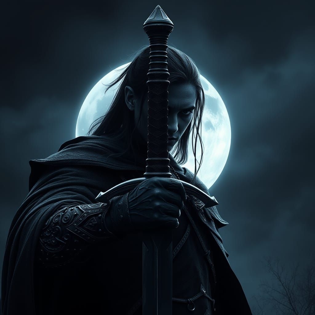 Dark Warrior Stands Before the Full Moon