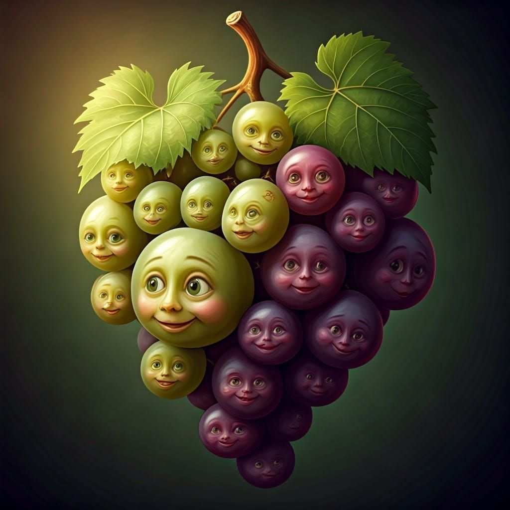 Vibrant Grapes with Expressive Faces in Whimsical Compositio...