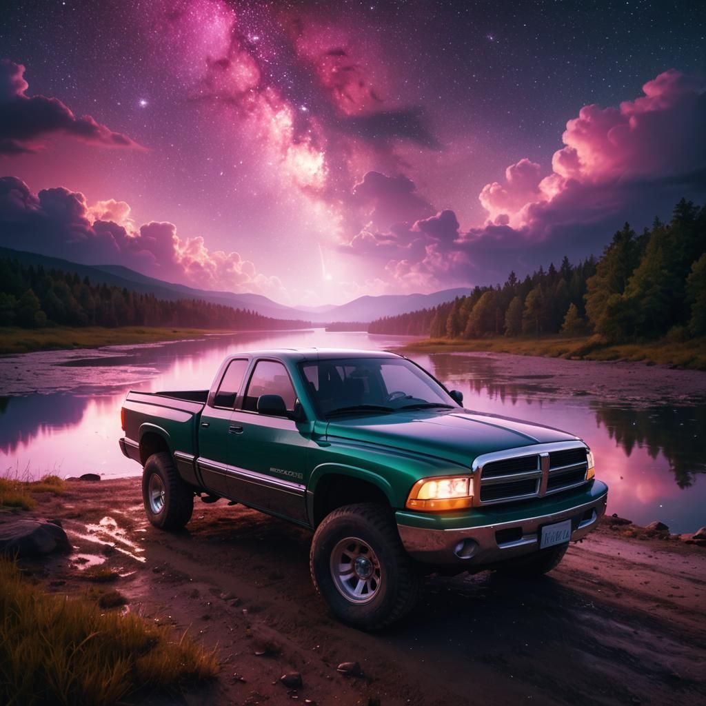 Green Dodge Dakota Under Starry Sky in Outrun Style