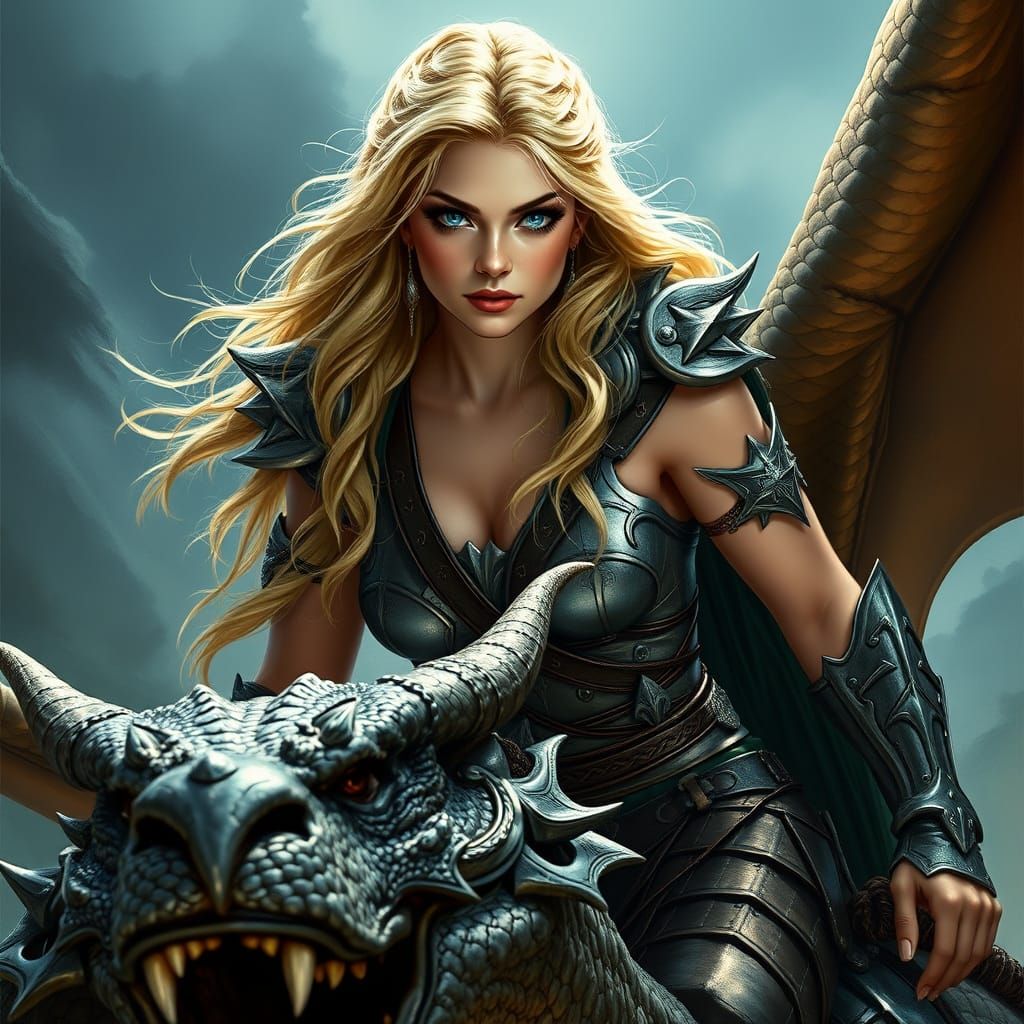 Valkyrie Pin-Up Girl on Dragon in Hyperrealistic Style