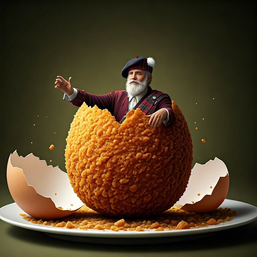 Scotsman hatching from a scotch egg