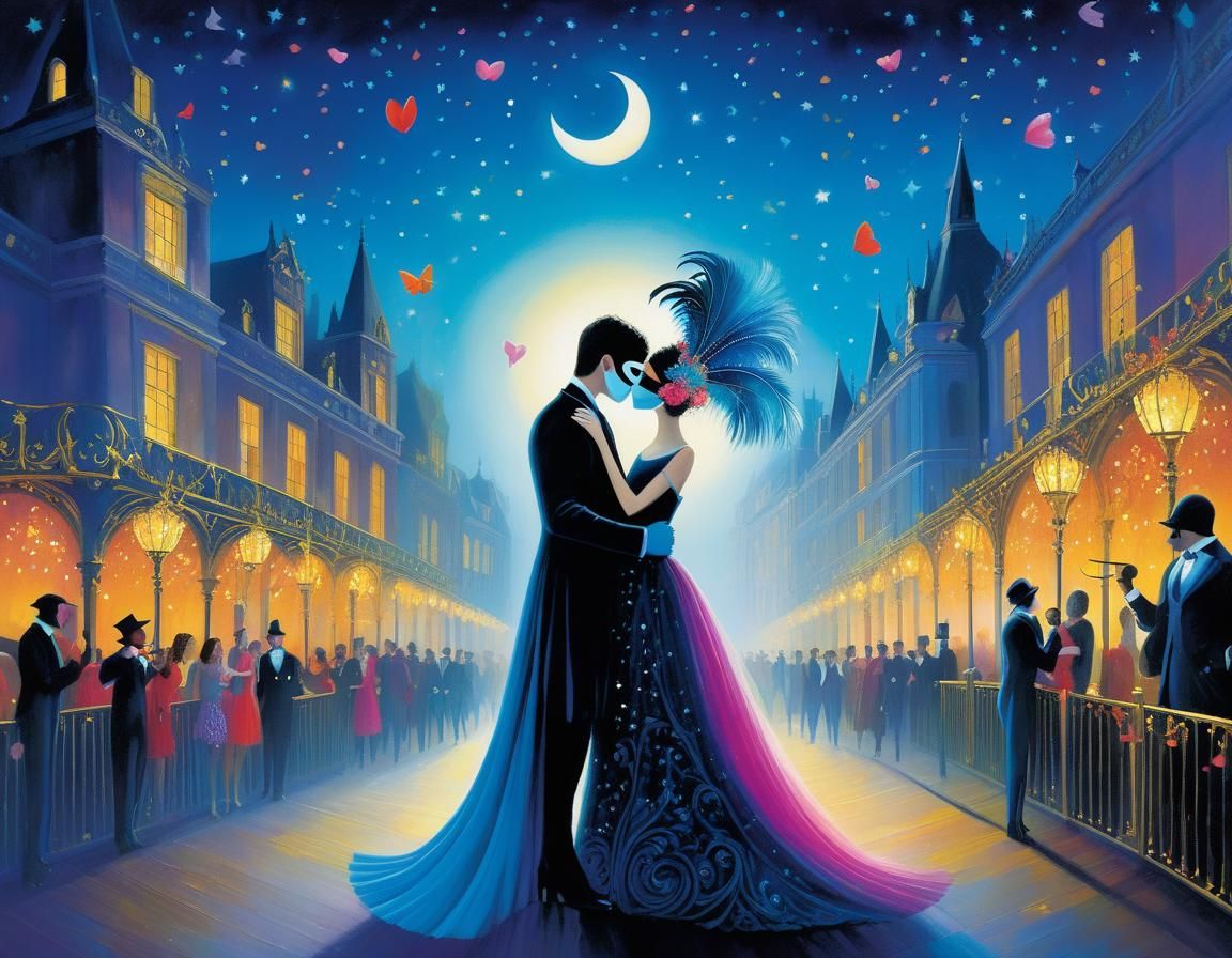 Lovers at a Masquerade Ball: Whimsical Illustration