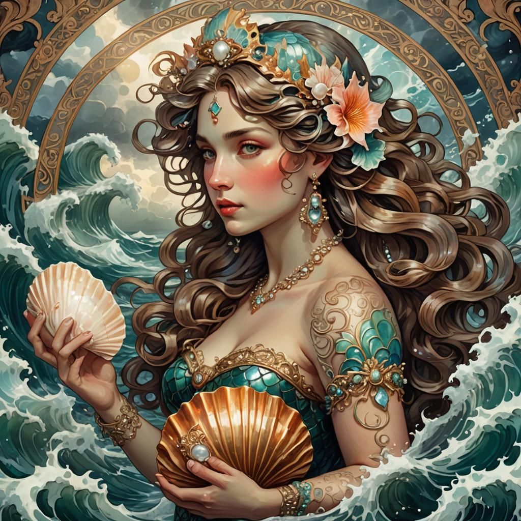 Mermaid with Pearl in Stormy Sea, Baroque Style