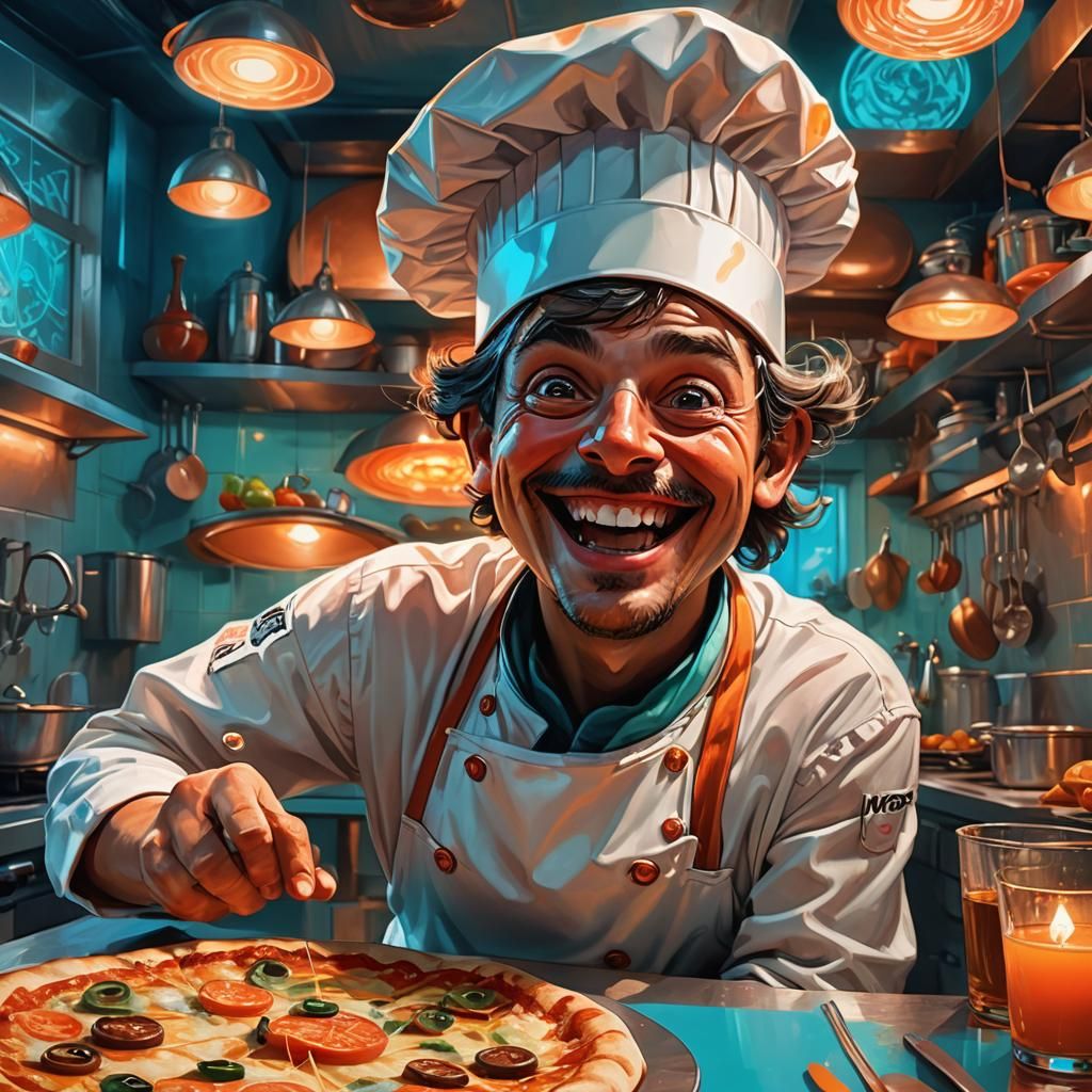 Laughing Pizza Chef Portrait in Fantasy Kitchen